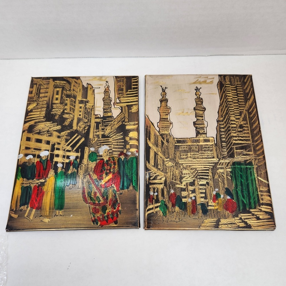 2 Vintage Painted Copper Etchings Of Mid-Eastern Marketplace 7.5x5.5 Wooden Back